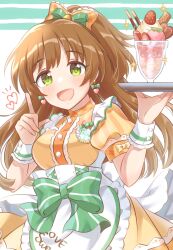 Rule 34 | 1girl, apron, blush, bow, brown hair, chocolate, cream, dress, dress bow, earrings, food, frilled dress, frills, fruit, green background, green eyes, green ribbon, hair ribbon, hakkaumai, heart, heart earrings, highres, holding, holding tray, ice cream, idolmaster, idolmaster cinderella girls, idolmaster cinderella girls starlight stage, index finger raised, jewelry, long hair, makihara shiho, name tag, nut (food), open mouth, orange dress, orange ribbon, parfait, plaid, plaid ribbon, ponytail, ribbon, short sleeves, simple background, smile, solo, strawberry, tray, two-tone background, white apron, white background, white wrist cuffs, wrist cuffs