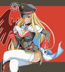 Rule 34 | 00s, 10s, 1girl, blonde hair, blue eyes, boots, breasts, cape, cleavage, crossed legs, female focus, gloves, grin, hat, long hair, lydia agute, military, military uniform, murakami (pixiv19297), senjou no valkyria, senjou no valkyria (series), senjou no valkyria 3, sitting, smile, solo, thighhighs, uniform, white gloves, white thighhighs