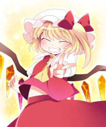 Rule 34 | 1girl, bad id, bad pixiv id, blonde hair, blouse, closed eyes, female focus, flandre scarlet, gesture, hammer (sunset beach), hat, mob cap, shirt, short hair, smile, solo, touhou, v, white hat, white shirt, wings, yellow background
