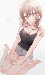 Rule 34 | 1girl, black tank top, blush, breasts, brown eyes, brown hair, cleavage, collarbone, from above, grey shorts, hair behind ear, highres, looking at viewer, looking up, medium hair, original, own hands together, shia job, shorts, sitting, solo, tank top, wariza