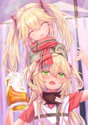 Rule 34 | 2girls, absurdres, admiral hipper (azur lane), ahoge, alcohol, arms up, azur lane, beer, beer mug, black gloves, blonde hair, bluecher (azur lane), blush, breasts, casual, closed eyes, commentary request, cross print, cup, elbow sleeve, gloves, green eyes, grey shirt, hair between eyes, head tilt, highres, holding, holding cup, indoors, large breasts, long hair, looking up, mole, mole under eye, mug, multiple girls, open mouth, partial commentary, partially fingerless gloves, plaid, plaid skirt, red scarf, red skirt, red sleeves, scarf, shirt, short sleeves, sidelocks, skirt, smile, standing, t-shirt, teeth, twintails, two side up, upper body, upper teeth only, white shirt, zusshii (libertasgenesis)