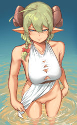 Rule 34 | 1girl, absurdres, ahoge, bare shoulders, blue eyes, bow, braid, breasts, closed mouth, clothing aside, commentary request, curled horns, dress, expressionless, green hair, hair between eyes, hair bow, hair over shoulder, highres, horns, large breasts, long hair, looking at viewer, no panties, original, outdoors, pelvic curtain, pelvic curtain aside, pointy ears, red bow, sideboob, single braid, solo, standing, wading, water, white dress, zuoteng lucha