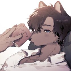 Rule 34 | 1boy, ahoge, animal ears, bishounen, blue eyes, body fur, book, brown fur, brown hair, center opening, claws, collared shirt, dog boy, dog ears, furry, furry male, hand up, highres, holding, holding book, looking at viewer, lying, male focus, mokotalow11, on back, original, parted lips, pillow, shirt, short hair, simple background, solo, upper body, white background, white shirt