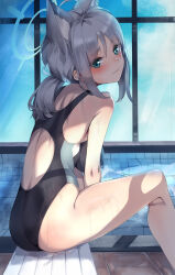 Rule 34 | 1girl, absurdres, animal ear fluff, animal ears, back, blue archive, blue eyes, breasts, competition swimsuit, extra ears, grey hair, halo, highres, large breasts, looking at viewer, looking back, medium hair, mismatched pupils, one-piece swimsuit, ponytail, rnjs4967, shiroko (blue archive), shiroko (swimsuit) (blue archive), short ponytail, sidelocks, sitting, solo, swimsuit, wet, wet clothes, wet swimsuit, wolf ears, wolf girl