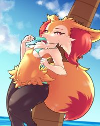 Rule 34 | 1girl, animal ear fluff, animal ears, animal nose, artist name, ass, bikini, black fur, blue background, blue bikini, blue sky, body fur, braixen, breasts, cloud, collarbone, creatures (company), day, eating, echoseed, food, fox ears, fox girl, fox tail, furry, furry female, game freak, gen 6 pokemon, half-closed eyes, hands up, ice cream, looking to the side, multicolored fur, navel, neck fur, nintendo, ocean, outdoors, palm tree, pokemon, pokemon (creature), red eyes, signature, sky, small breasts, snout, solo, standing, swimsuit, tail, text focus, thick thighs, thighs, tree, underboob, water, wet, white fur, wide hips, yellow fur