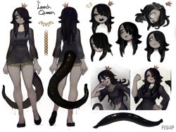 Rule 34 | 1girl, black dress, black footwear, black hair, character name, closed mouth, colored skin, contrapposto, crown, dress, drooling, grey skin, hair over one eye, hand on own hip, hand up, highres, leech, leech girl, leech queen (matilda fiship), long hair, long sleeves, looking at viewer, matilda fiship, multiple views, notice lines, one eye covered, original, sharp teeth, shoes, short dress, signature, smile, tail, teeth, tentacle hair, white eyes, wide-eyed