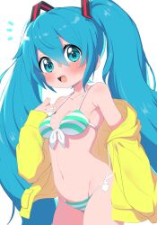 Rule 34 | 1girl, aqua hair, bare shoulders, bikini, blue eyes, blush, breasts, cleavage, commentary, front-tie bikini top, front-tie top, hair ornament, hatsune miku, highres, jacket, long hair, looking at viewer, medium breasts, multicolored bikini, multicolored clothes, navel, notice lines, open mouth, ransusan, side-tie bikini bottom, smile, solo, striped bikini, striped clothes, swimsuit, twintails, very long hair, vocaloid, yellow jacket