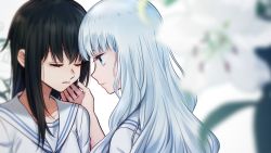 Rule 34 | 2girls, black hair, blouse, blue eyes, blurry, blurry foreground, closed eyes, closed mouth, collarbone, commentary request, flower, hand on another&#039;s face, highres, lily (flower), long hair, looking at another, multiple girls, nakano futaba, original, parted lips, partial commentary, sailor collar, school uniform, serafuku, shirt, upper body, white hair, white sailor collar, white shirt, yuri