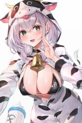 Rule 34 | 1girl, animal ears, animal print, bell, bikini, bikini top only, black bikini, black choker, breasts, choker, commentary request, cow ears, cow hood, cow horns, cow print, cow tail, green eyes, hand up, highres, hololive, hood, hooded jacket, horns, jacket, large breasts, long hair, long sleeves, looking at viewer, mole, mole on breast, neck bell, open mouth, shirogane noel, short hair, simple background, smile, solo, swimsuit, tail, translation request, virtual youtuber, watao, white background, white hair, white jacket