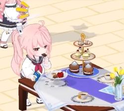 Rule 34 | 2girls, 3d, ahoge, animated, blue archive, cake, chibi, child, cup, drinking straw, eating, food, multiple girls, natsu (blue archive), pink hair, purple hair, school uniform, shizuko (blue archive), table, tagme, video