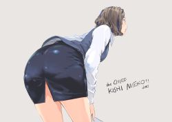 Rule 34 | 1girl, ass, black skirt, blue vest, brown hair, carina (xiaowoo), character name, closed mouth, collared shirt, commentary request, eyeshadow, from behind, highres, kishi mieko, leaning forward, lipstick, long sleeves, looking away, makeup, office lady, onna shunin kishi mieko, pantylines, pencil skirt, pink lips, profile, shirt, short hair, simple background, skirt, solo, standing, vest, white shirt