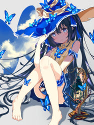 Rule 34 | 1girl, barefoot, black hair, blue butterfly, blue eyes, blue hat, blue skirt, blush, breasts, bug, butterfly, c4 art, closed mouth, collared shirt, commentary request, full body, hair between eyes, hat, highres, insect, lantern, long hair, looking at viewer, miniskirt, original, shirt, sitting, skirt, sleeveless, sleeveless shirt, small breasts, solo, two side up, v-shaped eyebrows, very long hair, white background, witch hat, yellow shirt