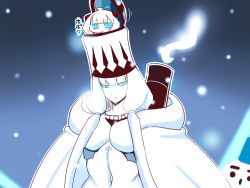 Rule 34 | 10s, 2girls, abyssal ship, blue eyes, blunt bangs, cape, chibi, commentary request, glowing, glowing eyes, hat, horns, kantai collection, long hair, multiple girls, night, night sky, northern water princess, open mouth, rigging, sako (bosscoffee), sidelocks, sitting, sitting on head, sitting on person, sky, smoke, snow, snowing, white hair