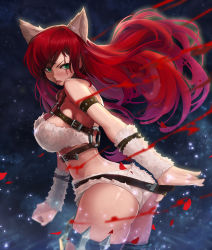 Rule 34 | 1girl, animal ears, anklet, arm warmers, armpits, arms at sides, ass, belt, blood, blush, breasts, butt crack, cat ears, cat girl, cleavage, cowboy shot, curvy, female focus, from behind, goomrrat, gradient background, green eyes, highres, huge breasts, jewelry, katarina (league of legends), kitty cat katarina, league of legends, long hair, looking at viewer, midriff, off shoulder, red hair, scar, scar across eye, scar on face, sideboob, solo, thick thighs, thighs, tongue, tongue out, wide hips