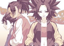 Rule 34 | 1boy, 2girls, :o, black eyes, black hair, black jacket, blue jacket, cabba, caulifla, collarbone, copyright name, dark skin, dragon ball, dragon ball super, earrings, eyelashes, eyes visible through hair, frown, furrowed brow, gradient background, grey background, half-closed eyes, hands in pockets, high ponytail, highres, hoop earrings, jacket, jewelry, kale (dragon ball), letterman jacket, light smile, looking at viewer, looking back, messy hair, midriff, multiple girls, navel, open clothes, open jacket, pale skin, parted lips, pink jacket, ponytail, profile, shaded face, short hair, sidelocks, simple background, spiked hair, strapless, tasaka shinnosuke, tube top, upper body, white background, wide-eyed, worried, yellow jacket