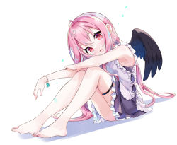 Rule 34 | 1girl, :o, ahoge, amimi, armpit crease, bare arms, bare legs, barefoot, black dress, black wings, bow, bracelet, dot nose, dress, feathered wings, frilled vest, frills, highres, jewelry, knees up, long hair, looking at viewer, open mouth, original, pink hair, red eyes, simple background, sitting, solo, thigh strap, thighs, vest, white background, white bow, white vest, wings