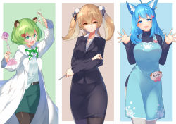 Rule 34 | 3girls, nanashi inc., :3, :d, ahoge, animal ear fluff, animal ears, animare, apron, arm up, bear ears, bear hair ornament, belt, belt buckle, black belt, black jacket, black legwear, black ribbon, black shirt, black skirt, blue apron, blue eyes, blue hair, braid, breasts, brown eyes, buckle, collared shirt, commentary request, crossed arms, dress shirt, ear piercing, erlenmeyer flask, fang, flask, formal, glasses, green eyes, green hair, green skirt, grey pants, hair between eyes, hair ornament, hair ribbon, hands up, head tilt, heart, heart hair ornament, highres, hinokuma ran, holding, inaba haneru (animare), jacket, kokka han, lab coat, light brown hair, long hair, long sleeves, looking at viewer, medium breasts, multiple girls, name tag, open clothes, open mouth, pants, pantyhose, parted lips, pencil skirt, piercing, ribbon, round eyewear, shirt, short hair, skirt, skirt suit, smile, souya ichika, suit, turtleneck, twintails, v-shaped eyebrows, virtual youtuber, white shirt
