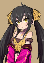 Rule 34 | &gt;:(, 1girl, animal print, black hair, black shirt, blush, bow, breasts, brown background, cleavage, closed mouth, collarbone, crop top, eyes visible through hair, gazacy (dai), hair bow, head tilt, highres, idolmaster, idolmaster cinderella girls, jacket, jewelry, layered clothes, leopard print, long hair, looking at viewer, matoba risa, midriff, navel, off shoulder, oversized clothes, pendant, pink jacket, pout, shirt, sidelocks, simple background, sketch, small breasts, solo, spaghetti strap, tank top, twintails, upper body, v-shaped eyebrows, v arms, very long hair, yellow eyes