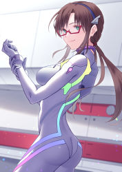 Rule 34 | 1girl, absurdres, ass, bodysuit, breasts, brown hair, closed mouth, cowboy shot, evangelion: 3.0+1.0 thrice upon a time, floating hair, from side, glasses, green eyes, hairband, highres, indoors, ka ki o, long hair, low twintails, makinami mari illustrious, medium breasts, neon genesis evangelion, plugsuit, purple hairband, rebuild of evangelion, red-framed eyewear, smile, solo, standing, twintails, very long hair, white bodysuit