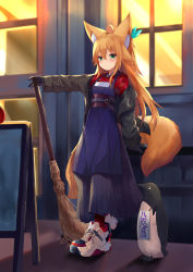 Rule 34 | 1girl, animal ears, apron, bird, black gloves, black jacket, black skirt, blonde hair, broom, closed mouth, fox ears, fox girl, fox tail, full body, gloves, green eyes, hair between eyes, jacket, long hair, long skirt, long sleeves, looking at viewer, multiple tails, off shoulder, open clothes, open jacket, original, outstretched arm, penguin, pleated skirt, red shirt, red socks, shirt, shoes, skirt, sneakers, socks, solo, standing, tail, two tails, underbust, white footwear, window, yoshizawa tsubaki