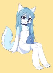 Rule 34 | 1girl, animal ears, animal nose, bad id, bad pixiv id, bare shoulders, bird, black eyes, blue fur, blue hair, blush stickers, body fur, breasts, claws, closed mouth, commentary, digitigrade, dress, furry, furry female, hair between eyes, highres, long hair, looking at animal, original, ressue (gomgom), signature, simple background, sitting, small breasts, snout, solo, tail, two-tone fur, white dress, white fur, wolf, wolf ears, wolf girl, wolf tail, yellow background