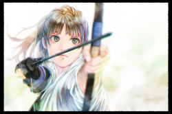 Rule 34 | 1girl, aiming, arrow (projectile), bow (weapon), brown eyes, brown hair, drawing bow, gloves, highres, holding bow (weapon), japanese clothes, kinoebi, ponytail, simple background, single glove, solo, weapon