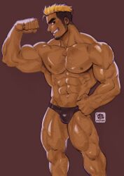 Rule 34 | 1boy, abs, artist name, bara, biceps, blonde hair, brown background, brown eyes, brown hair, feet out of frame, flexing, hairy, highres, large pectorals, logo, looking at viewer, male focus, male swimwear, manly, mature male, mondoart, multicolored hair, muscular, muscular male, nipples, original, pectorals, signature, simple background, smirk, solo, swim briefs, thick arms, thick eyebrows, thick thighs, thighs, undercut