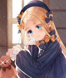 Rule 34 | 1girl, abigail williams (fate), arm support, bad id, bad pixiv id, black bow, black dress, black hat, blonde hair, blue eyes, blush, bow, bug, butterfly, closed mouth, commentary request, day, dhfz181, dress, fate/grand order, fate (series), forehead, glowing, glowing eyes, hair bow, hat, head tilt, indoors, insect, long hair, long sleeves, orange bow, parted bangs, polka dot, polka dot bow, sleeves past wrists, smile, solo, stuffed animal, stuffed toy, sunlight, teddy bear, very long hair, window