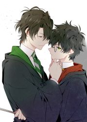 Rule 34 | 2boys, brown hair, glasses, green eyes, harry potter, harry potter (series), highres, male focus, multiple boys, shirt, tom marvolo riddle, wizarding world, yaoi