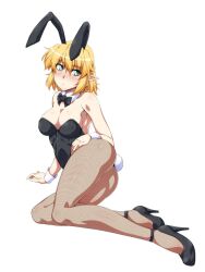 Rule 34 | 1girl, alternate costume, animal ears, ass, bare shoulders, black bow, black bowtie, black footwear, blonde hair, blush, bow, bowtie, breasts, cleavage, closed mouth, detached collar, expressionless, fake animal ears, fake tail, fishnet pantyhose, fishnets, full body, green eyes, high heels, legs, leotard, lying, medium breasts, mizuhashi parsee, on side, ootsuki wataru, pantyhose, playboy bunny, pointy ears, rabbit ears, rabbit tail, short hair, simple background, solo, strapless, strapless leotard, tail, touhou, white background, wrist cuffs