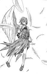 Rule 34 | 1girl, absurdres, bare legs, bow, breasts, dress, feathers, greyscale, highres, jacket, kishin sagume, large breasts, large wings, monochrome, one eye closed, open clothes, open jacket, ozma (yozakura), short dress, short hair, single wing, solo, touhou, wings