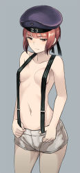 Rule 34 | 10s, 1girl, bad id, bad tumblr id, bare shoulders, beret, breasts, brown eyes, brown hair, collarbone, cowboy shot, grey background, hat, kantai collection, looking away, naked suspenders, nathaniel pennel, navel, short hair, short shorts, shorts, simple background, small breasts, solo, suspenders, very short hair, z3 max schultz (kancolle)