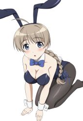 Rule 34 | 1girl, animal ears, black pantyhose, blue bow, blue bowtie, blue eyes, blue leotard, blush, bow, bowtie, breasts, brown hair, cleavage, commentary, fake animal ears, fake tail, highres, kanata mako, large breasts, leotard, long hair, looking at viewer, lynette bishop, open mouth, pantyhose, playboy bunny, ponytail, rabbit ears, rabbit tail, solo, strike witches, tail, world witches series