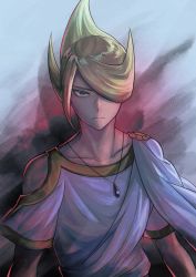 Rule 34 | 1boy, bare shoulders, blonde hair, closed mouth, clothing cutout, collarbone, commentary request, creatures (company), frown, game freak, hair over one eye, highres, jewelry, looking at viewer, male focus, necklace, nintendo, pokemon, pokemon legends: arceus, punico (punico poke), shirt, shoulder cutout, solo, split mouth, upper body, volo (pokemon), white shirt