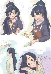 Rule 34 | 1girl, ^ ^, anjerain, black hoodie, blue eyes, blue hair, closed eyes, disembodied hand, dishwashing, closed eyes, fang, ganaha hibiki, highres, holding, holding spoon, hood, hoodie, idolmaster, idolmaster (classic), long hair, lying, messy hair, multiple views, on bed, on side, ponytail, pov across bed, religious offering, smile, speech bubble, spoon, under covers