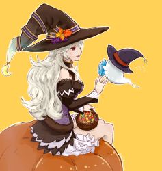 Rule 34 | 1girl, basket, candy, corrin (female) (fire emblem), corrin (fire emblem), fire emblem, fire emblem fates, food, from side, hat, highres, long hair, long sleeves, nintendo, open mouth, pointy ears, pumpkin, red eyes, sitting, solo, ultrablueanya, white hair, witch hat