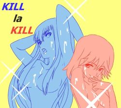 Rule 34 | 2girls, arms up, blue theme, copyright name, cover, creator connection, derivative work, english text, eyelashes, happy, kill la kill, kiryuuin satsuki, long hair, looking at viewer, matoi ryuuko, multiple girls, non-web source, nude, open mouth, panty &amp; stocking with garterbelt, panty (psg), parody, red theme, seductive smile, short hair, siblings, simple background, sisters, smile, sparkle, stocking (psg), style parody, tareme, tongue, tongue out, upper body, yellow background