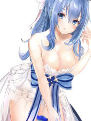 Rule 34 | 1girl, absurdres, alternate costume, bare arms, bare shoulders, blue eyes, blue hair, blue ribbon, blush, breasts, cleavage, collarbone, cowboy shot, dress, efuri (riarea00), female focus, frilled dress, frills, granblue fantasy, hair between eyes, hair ribbon, hand up, head tilt, highres, large breasts, leaning, leaning forward, long hair, looking at viewer, neck, open mouth, ponytail, ribbon, sidelocks, simple background, solo, standing, strapless, strapless dress, therese (granblue fantasy), torn clothes, torn dress, white background, white dress, white ribbon