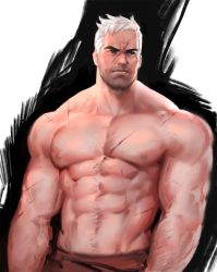 Rule 34 | 1boy, abs, arm hair, bara, blue eyes, chest hair, closed mouth, dopey (dopq), facial hair, large pectorals, male focus, muscular, muscular male, navel, nipples, overwatch, overwatch 1, pectorals, scar, scar on arm, scar on chest, scar on face, scar on mouth, short hair, sideburns, soldier: 76 (overwatch), solo, topless male, upper body, white hair