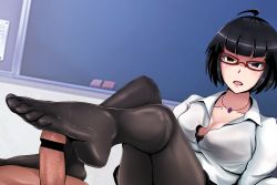 Rule 34 | 1girl, ahoge, black hair, censored, chalkboard, classroom, cleavage, feet, footjob, glasses, looking at viewer, necklace, open clothes, open mouth, open shirt, pantyhose, penis, pov, precum, red eyes, shirt, teacher, toes
