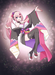 Rule 34 | 1girl, arm up, bare shoulders, black background, black thighhighs, blue eyes, criss-cross halter, flower, full body, hair flower, hair ornament, hairclip, halterneck, headphones, headset, highres, japanese clothes, kimono, magical mirai (vocaloid), magical mirai luka, megurine luka, open mouth, outstretched arm, pink hair, pipikopipiko, ponytail, sandals, smile, solo, thighhighs, vocaloid, white footwear, wide sleeves, yukata, zouri
