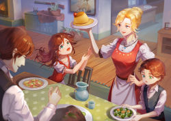 Rule 34 | 2boys, 2girls, :d, absurdres, blonde hair, brown hair, cake, chair, cup, fireplace, food, gun, hair ornament, hair up, hairclip, highres, indoors, jewelry, long hair, miantiao135, multiple boys, multiple girls, necklace, open mouth, plate, portrait (object), rug, shirt, siblings, smile, table, tablecloth, twins, vest, weapon, white shirt, wooden floor