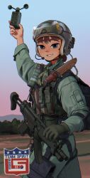Rule 34 | 1girl, absurdres, blue eyes, brown hair, camouflage, combat helmet, gloves, green gloves, green jacket, green pants, gun, h&amp;k mp5, helmet, highres, jacket, korean text, m18 grenade, original, pants, republic of korea army, rifleman1130, smile, smoke grenade, solo, submachine gun, weapon, woodland camouflage