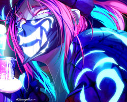 Rule 34 | 1girl, absurdres, akali, colored eyelashes, glowing, gorro azul, hat, highres, holding, k/da (league of legends), k/da akali, league of legends, mask, multicolored hair, pink hair, signature, smile, solo, spray can, yellow eyes