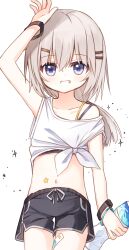 Rule 34 | 1girl, arm up, bare shoulders, black shorts, blue eyes, blush, bottle, collarbone, crop top, grey hair, grin, hair between eyes, hair ornament, hairclip, highres, holding, holding bottle, long hair, looking at viewer, navel, original, red girl (yuuhagi (amaretto-no-natsu)), short shorts, shorts, simple background, smile, solo, strap slip, tank top, water bottle, white background, white tank top, yuuhagi (amaretto-no-natsu)