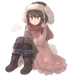 Rule 34 | 1girl, absurdres, bad id, bad pixiv id, blush stickers, boots, brown footwear, brown hair, brown hat, brown pantyhose, coat, commentary request, cup, full body, hair between eyes, hat, highres, holding, holding cup, inaba tewi, leg warmers, long sleeves, mittens, mug, pantyhose, parted lips, pink coat, red eyes, red mittens, red ribbon, red scarf, ribbon, scarf, simple background, sitting, sketch, solo, touhou, tsukiori, white background