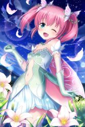 Rule 34 | 1girl, alternative girls, bow, butterfly hair ornament, flower, gloves, grass, green eyes, green gloves, hair ornament, highres, looking at viewer, mano sakurako, night, night sky, official art, one eye closed, petals, pink hair, skirt, sky, solo, star (sky), starry sky, twintails