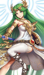 Rule 34 | 1girl, absurdres, ancient greek clothes, armlet, bad id, bad twitter id, chiton, dress, female focus, gauntlets, gold, gonzarez, green eyes, green hair, halo, highres, holding, holding staff, jewelry, kid icarus, kid icarus uprising, lace, lace-trimmed legwear, lace trim, laurels, long hair, looking at viewer, matching hair/eyes, neck ring, necklace, nintendo, palutena, parted bangs, shield, simple background, smile, solo, staff, swept bangs, thighhighs, thighs, very long hair, white background, white dress, white thighhighs