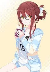 Rule 34 | 1girl, aoi thomas, bespectacled, black-framed eyewear, bow, brown background, brown eyes, brown hair, closed mouth, collarbone, commentary request, cup, glasses, hair between eyes, hair bow, hair bun, halftone, halftone background, hands up, highres, holding, holding cup, hood, hood down, hooded jacket, idolmaster, idolmaster shiny colors, jacket, long sleeves, loungewear, mug, open clothes, open jacket, osaki tenka, shirt, short shorts, shorts, single hair bun, sleeves past wrists, smile, solo, striped clothes, striped jacket, striped shorts, white shirt
