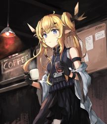 Rule 34 | 1girl, ahoge, arknights, blonde hair, blue eyes, ceiling light, chalkboard, coffee cup, cup, disposable cup, drinking glass, iced coffee, leizi (arknights), name tag, off shoulder, omuretu (butterroru), pointy ears, shirt, skirt, sleeveless, sleeveless shirt, solo
